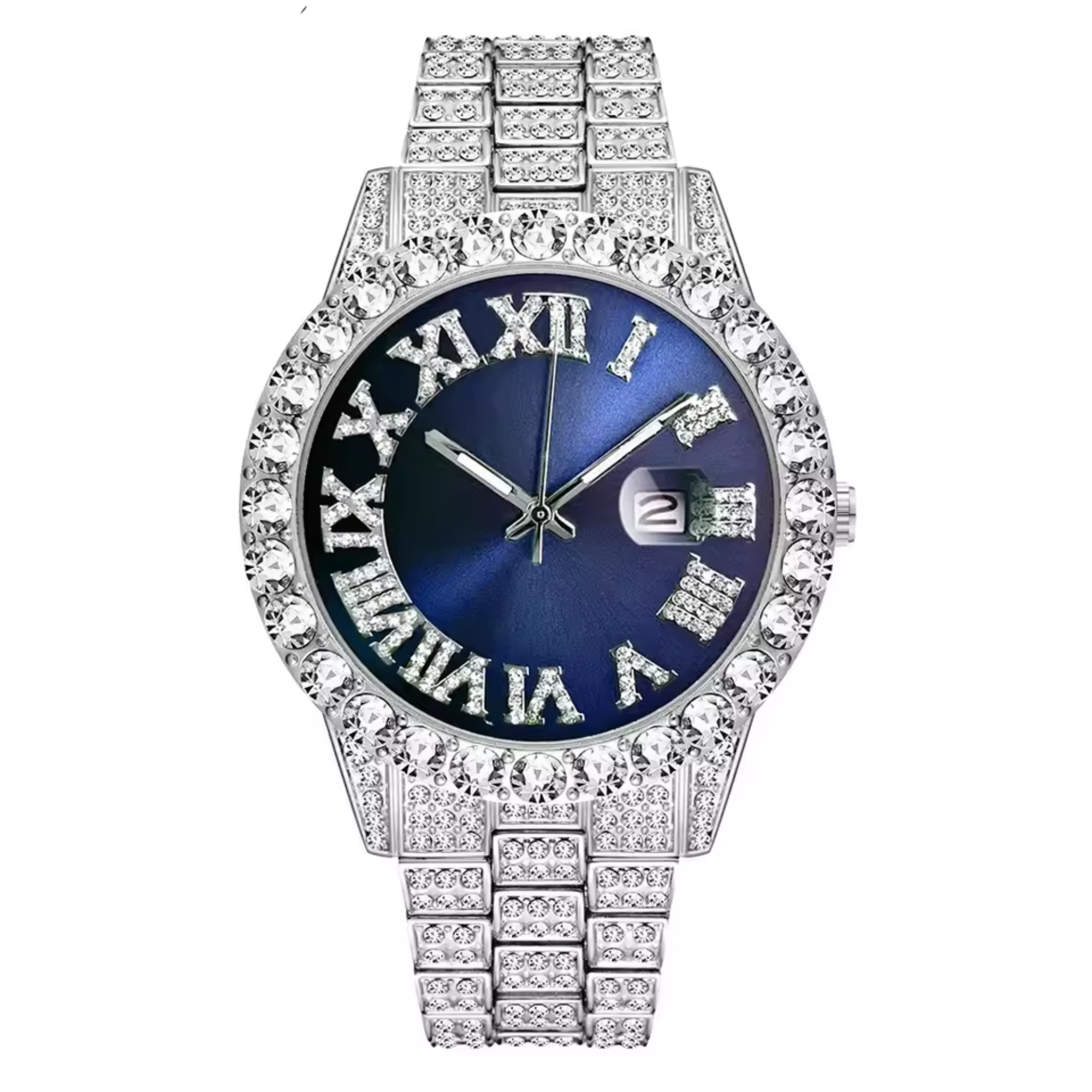 Luxury Classic Men’s Quartz Watch with Gold-Tone Stainless Steel Strap, Roman Numerals, Rhinestone Accents & Calendar Display