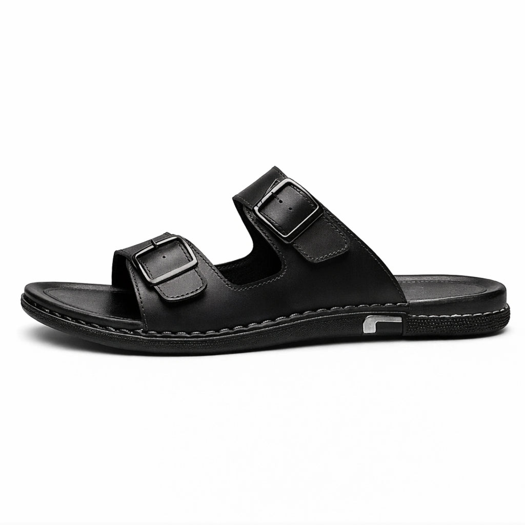 Men’s Large‑Size Black Leather Sandals — Casual Slip‑On Summer Outdoor Shoes