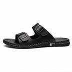 Men’s Large‑Size Black Leather Sandals — Casual Slip‑On Summer Outdoor Shoes
