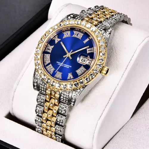 Luxury Classic Men’s Quartz Watch with Gold-Tone Stainless Steel Strap, Roman Numerals, Rhinestone Accents & Calendar Display