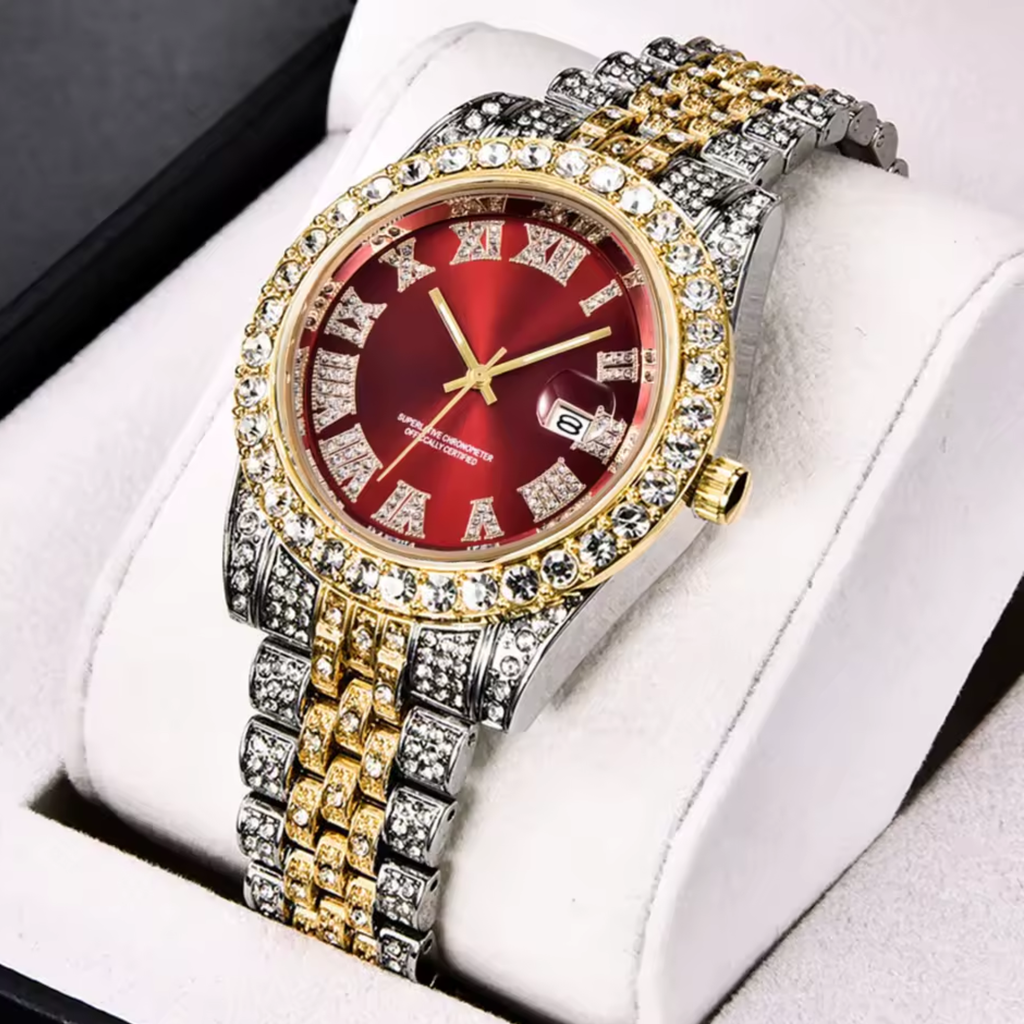 Luxury Classic Men’s Quartz Watch with Gold-Tone Stainless Steel Strap, Roman Numerals, Rhinestone Accents & Calendar Display