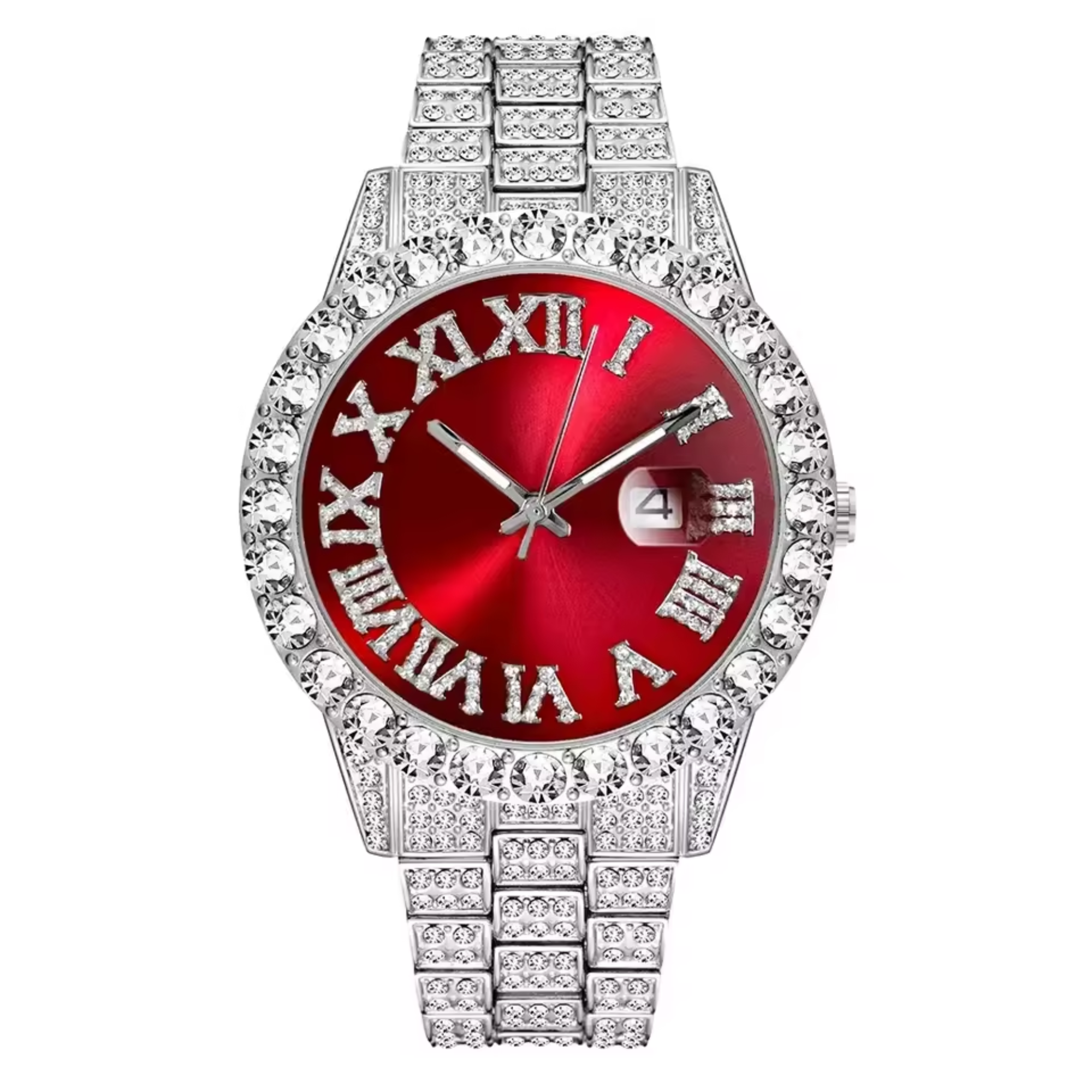 Luxury Classic Men’s Quartz Watch with Gold-Tone Stainless Steel Strap, Roman Numerals, Rhinestone Accents & Calendar Display