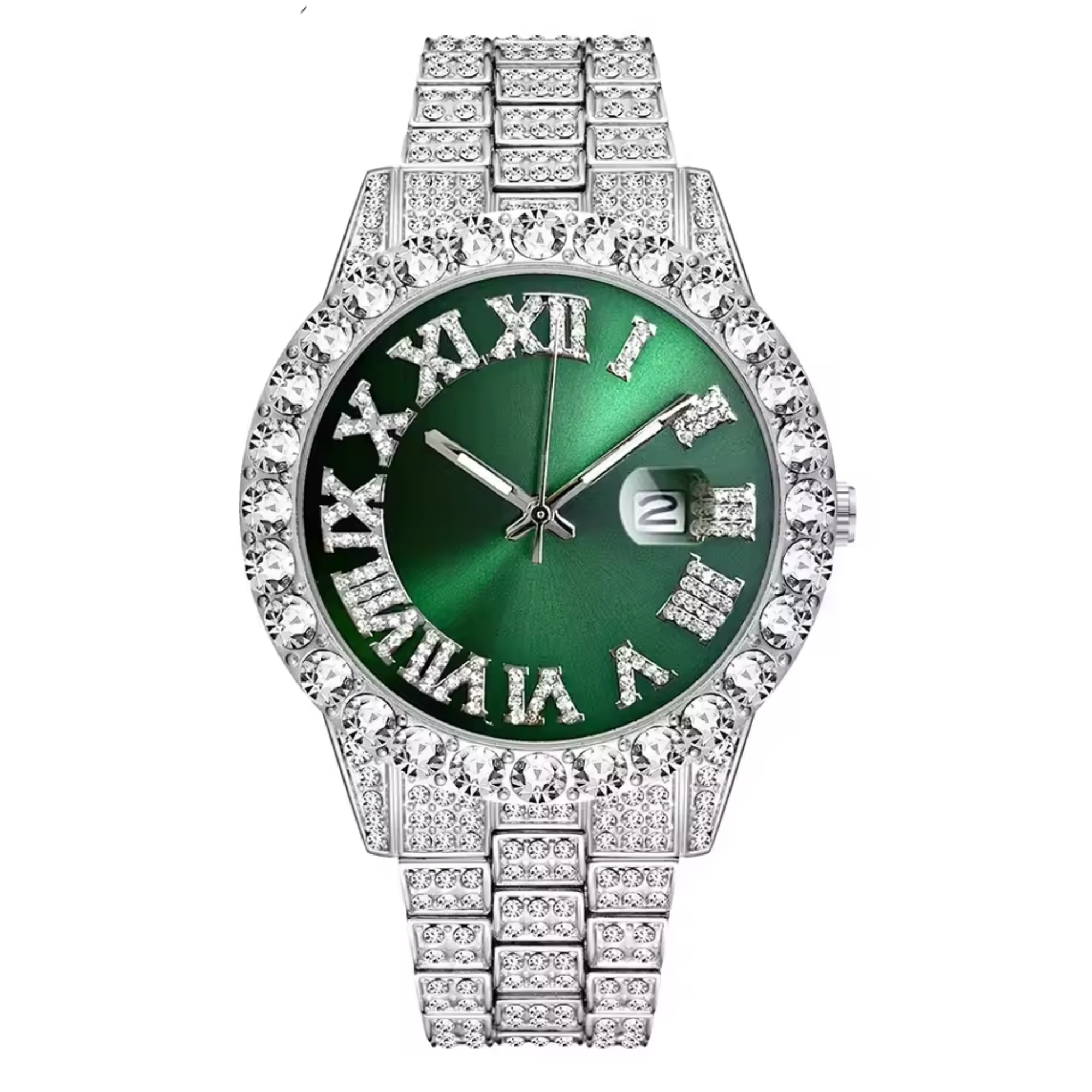 Luxury Classic Men’s Quartz Watch with Gold-Tone Stainless Steel Strap, Roman Numerals, Rhinestone Accents & Calendar Display