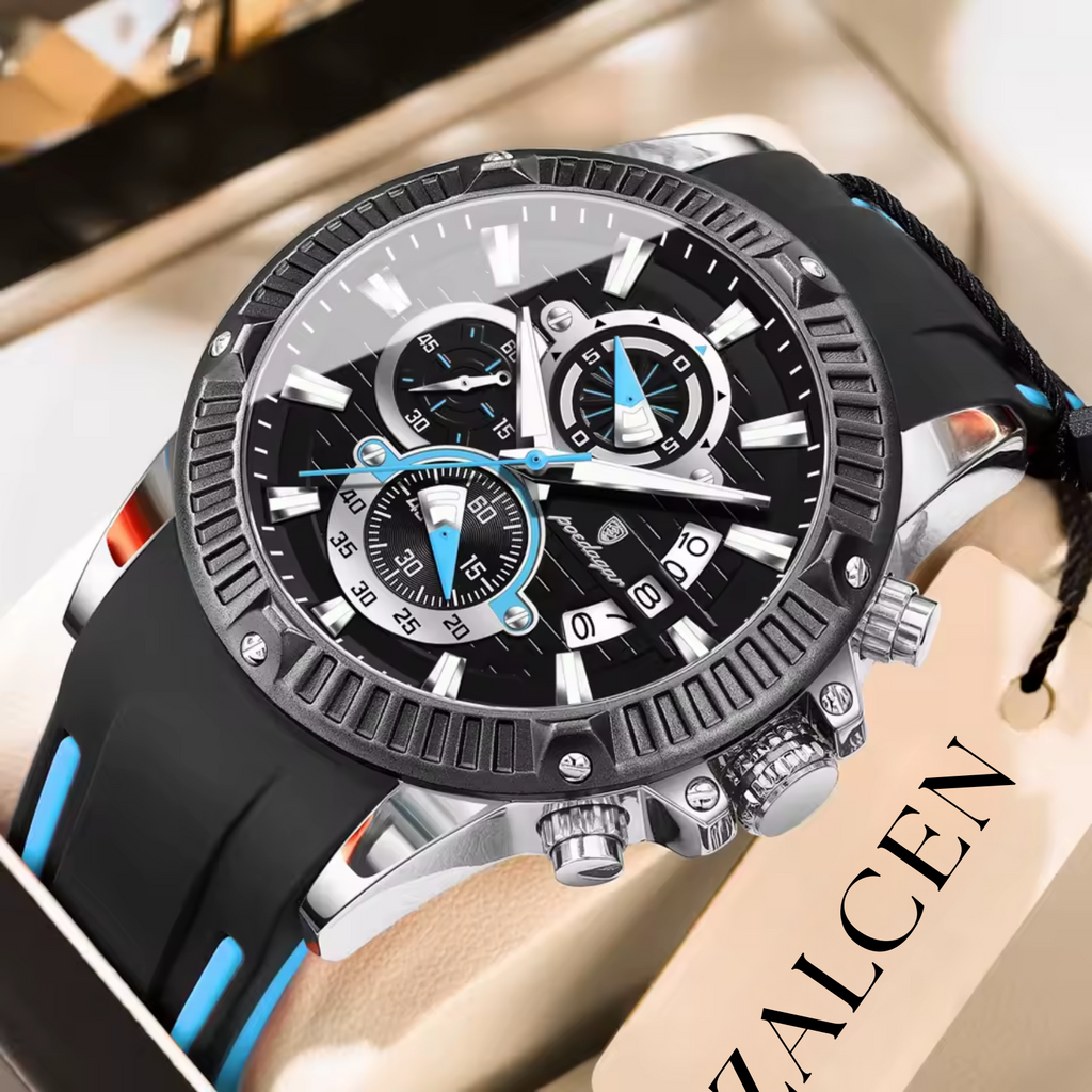 Men’s Sports Quartz Watch – Waterproof, Luminous, Chronograph, Date, Silicone Strap