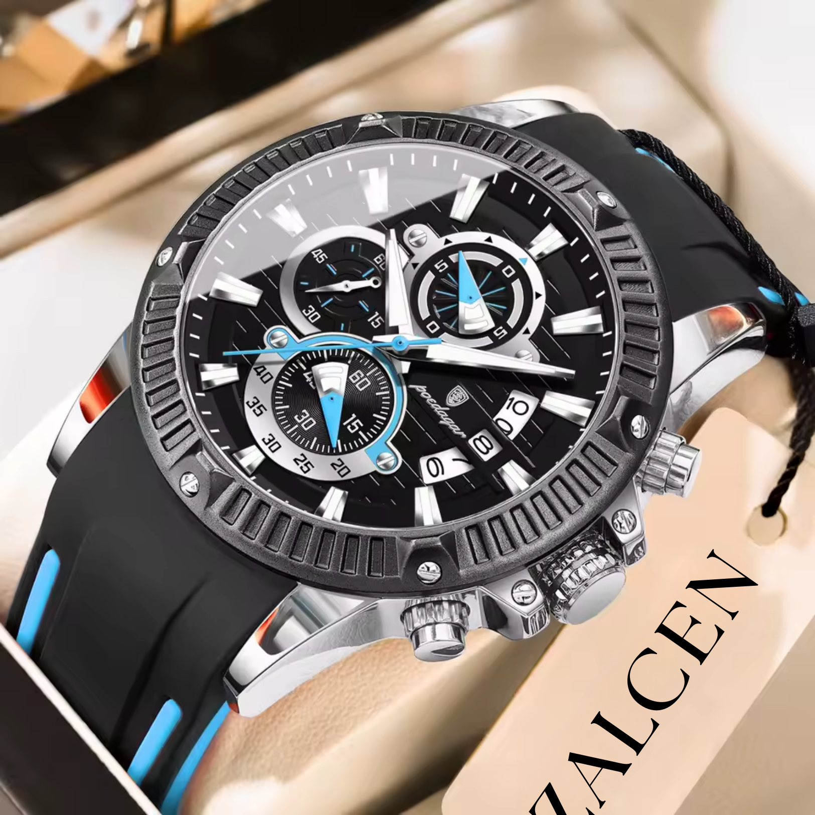 Men’s Sports Quartz Watch – Waterproof, Luminous, Chronograph, Date, Silicone Strap