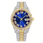 Luxury Classic Men’s Quartz Watch with Gold-Tone Stainless Steel Strap, Roman Numerals, Rhinestone Accents & Calendar Display