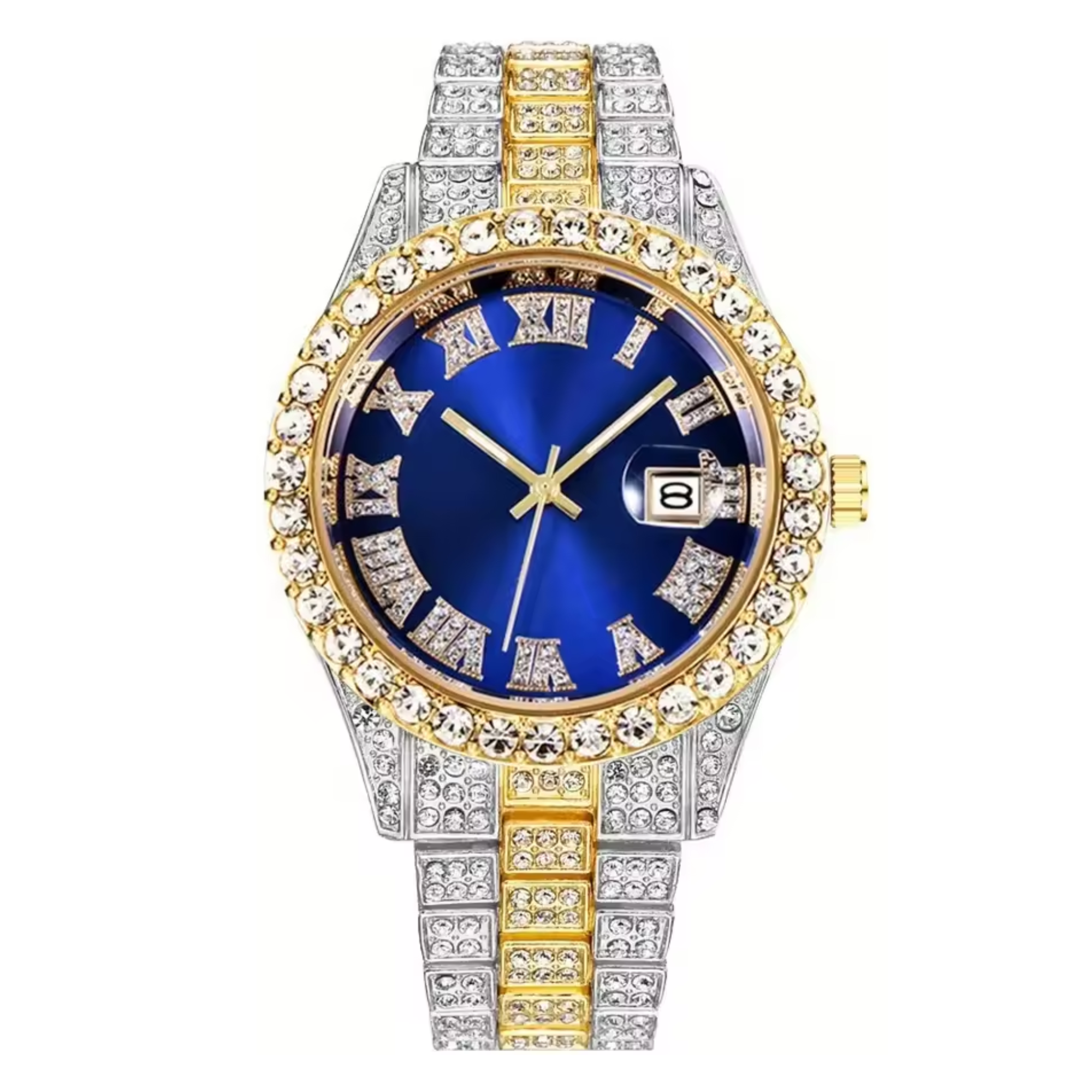 Luxury Classic Men’s Quartz Watch with Gold-Tone Stainless Steel Strap, Roman Numerals, Rhinestone Accents & Calendar Display