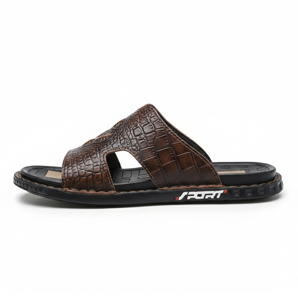Men’s Genuine Leather Slide Sandals Open-Toe Outdoor Casual Flat Summer Slides