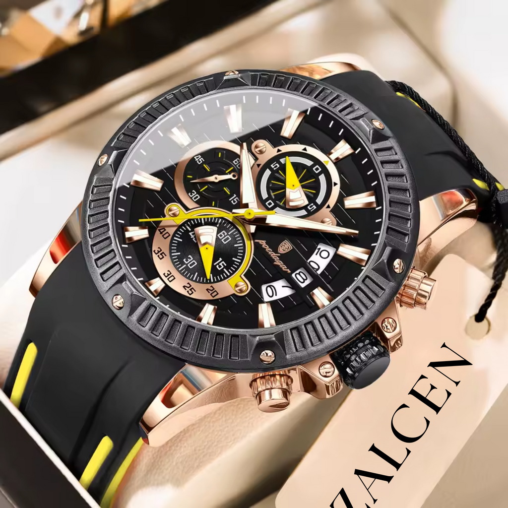 Men’s Sports Quartz Watch – Waterproof, Luminous, Chronograph, Date, Silicone Strap