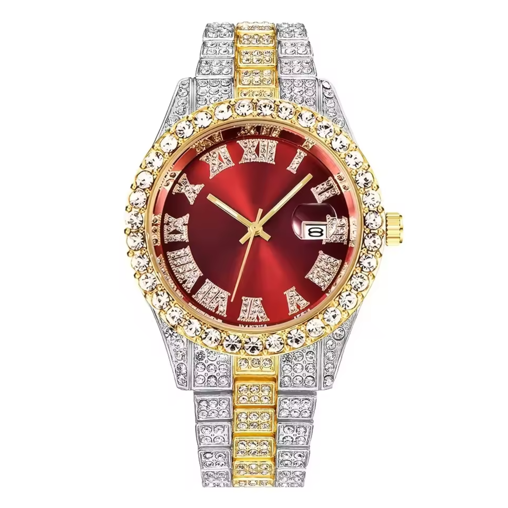 Luxury Classic Men’s Quartz Watch with Gold-Tone Stainless Steel Strap, Roman Numerals, Rhinestone Accents & Calendar Display