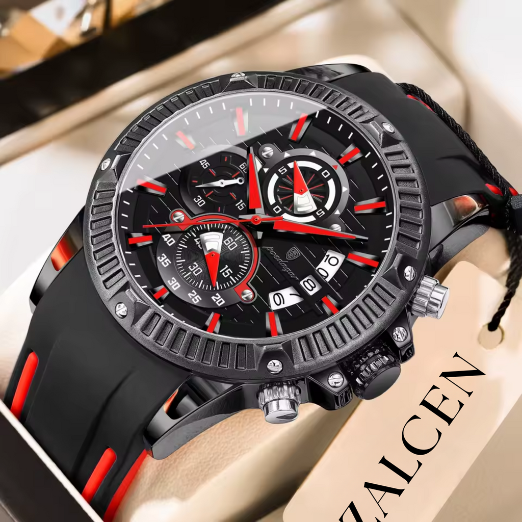 Men’s Sports Quartz Watch – Waterproof, Luminous, Chronograph, Date, Silicone Strap