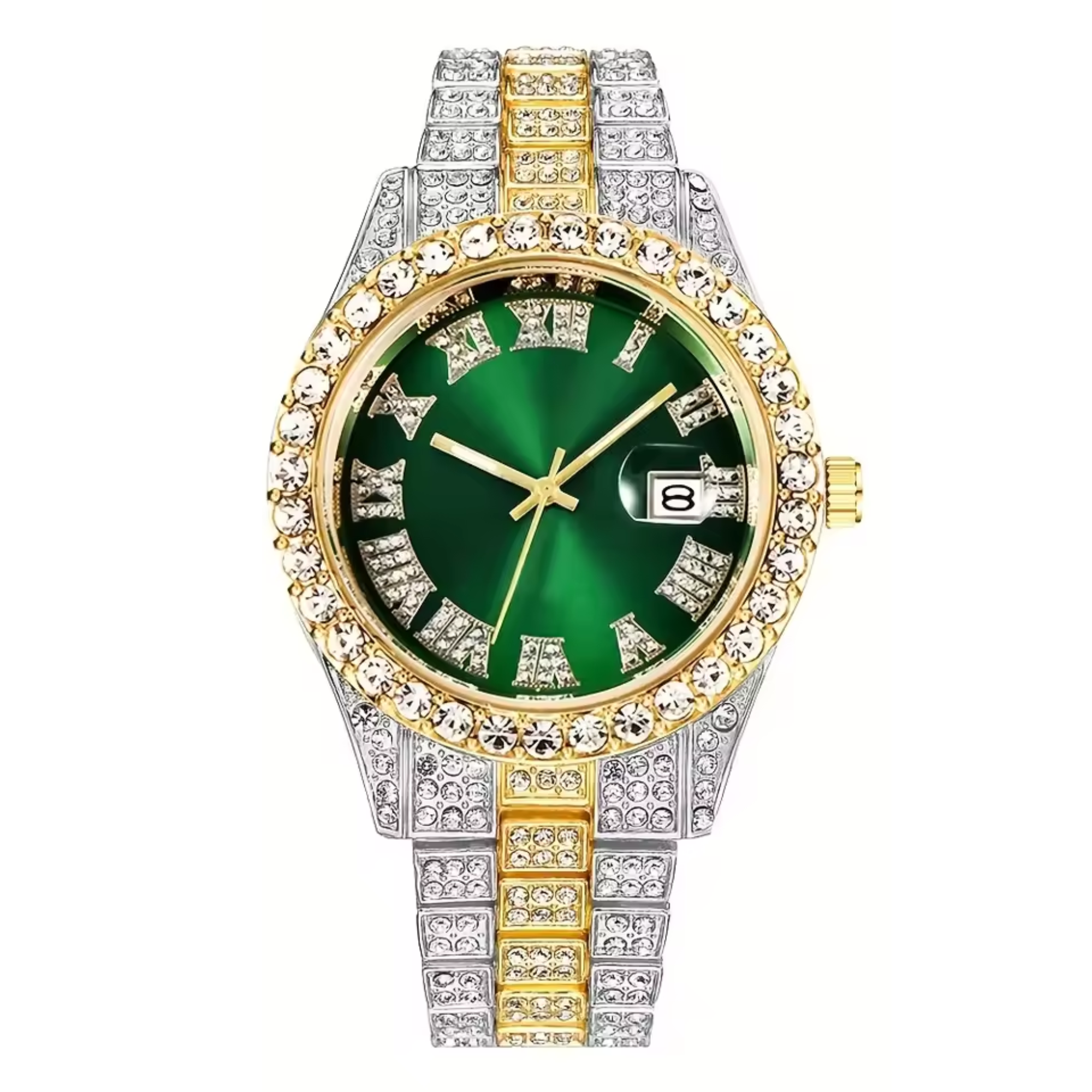 Luxury Classic Men’s Quartz Watch with Gold-Tone Stainless Steel Strap, Roman Numerals, Rhinestone Accents & Calendar Display