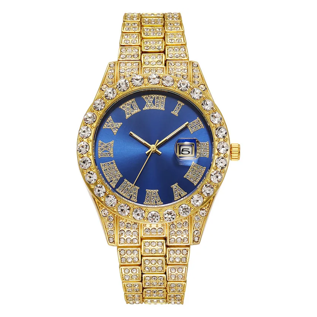 Luxury Classic Men’s Quartz Watch with Gold-Tone Stainless Steel Strap, Roman Numerals, Rhinestone Accents & Calendar Display