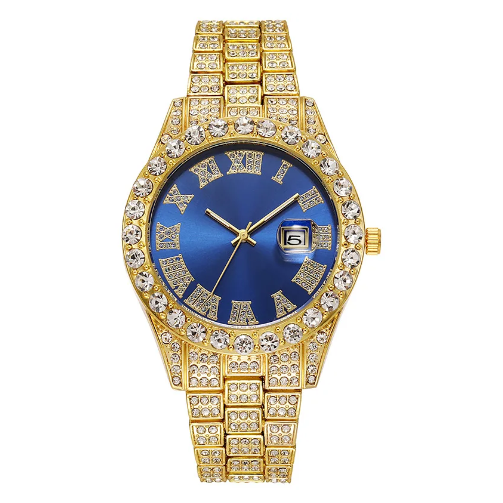 Luxury Classic Men’s Quartz Watch with Gold-Tone Stainless Steel Strap, Roman Numerals, Rhinestone Accents & Calendar Display
