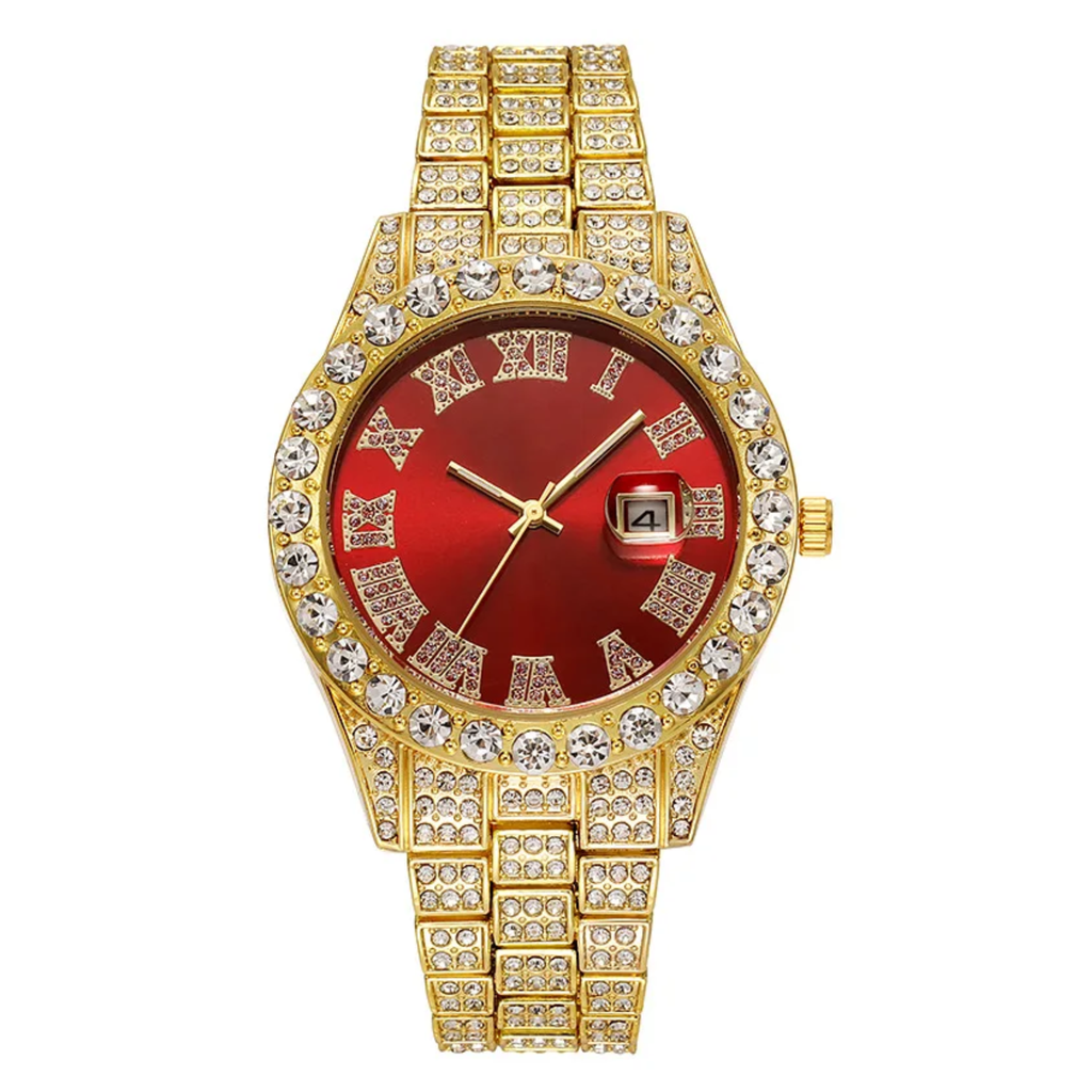 Luxury Classic Men’s Quartz Watch with Gold-Tone Stainless Steel Strap, Roman Numerals, Rhinestone Accents & Calendar Display