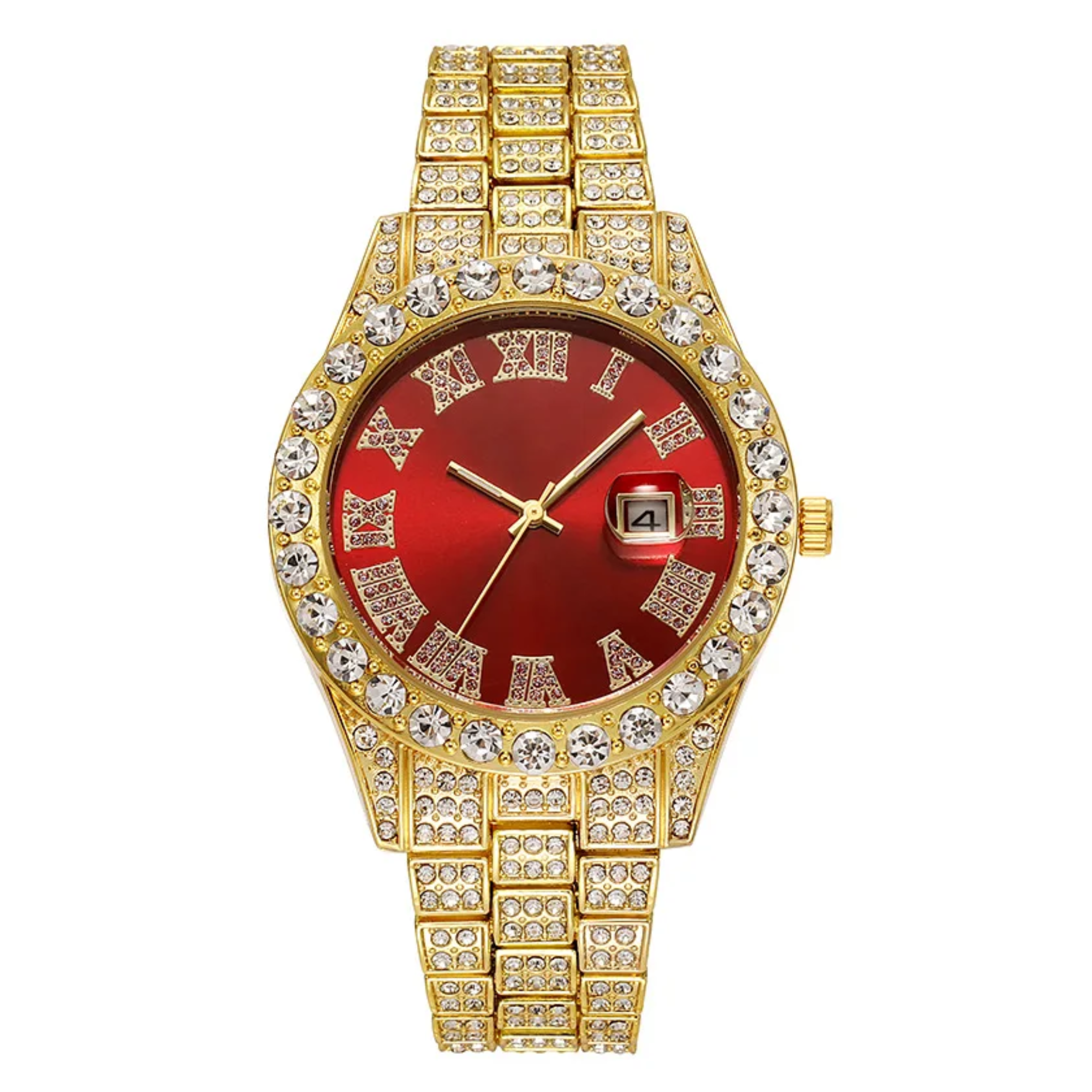 Luxury Classic Men’s Quartz Watch with Gold-Tone Stainless Steel Strap, Roman Numerals, Rhinestone Accents & Calendar Display