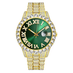 Luxury Classic Men’s Quartz Watch with Gold-Tone Stainless Steel Strap, Roman Numerals, Rhinestone Accents & Calendar Display