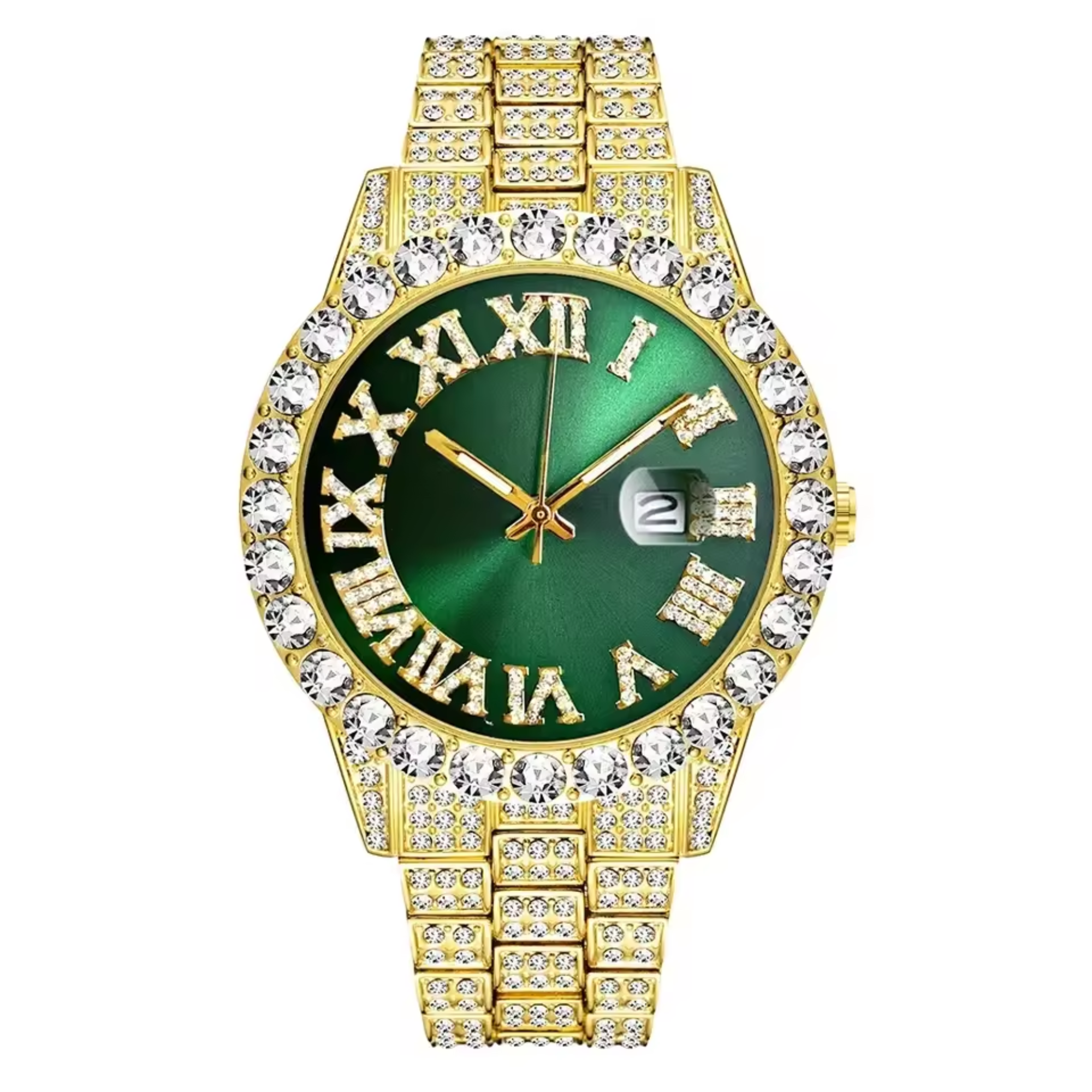 Luxury Classic Men’s Quartz Watch with Gold-Tone Stainless Steel Strap, Roman Numerals, Rhinestone Accents & Calendar Display