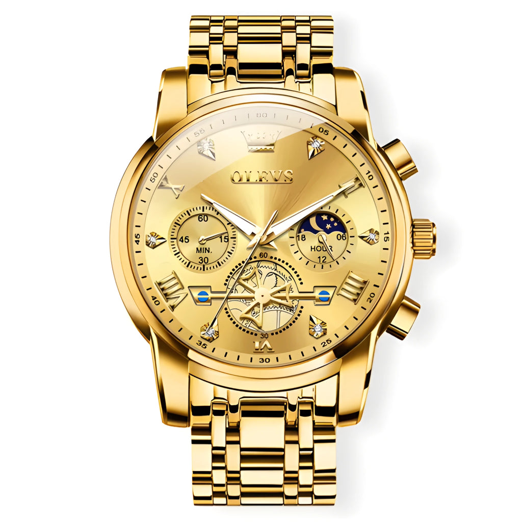 Men’s Luxury Quartz Watch – Classic Roman Dial, Flywheel & Moon Phase, Waterproof