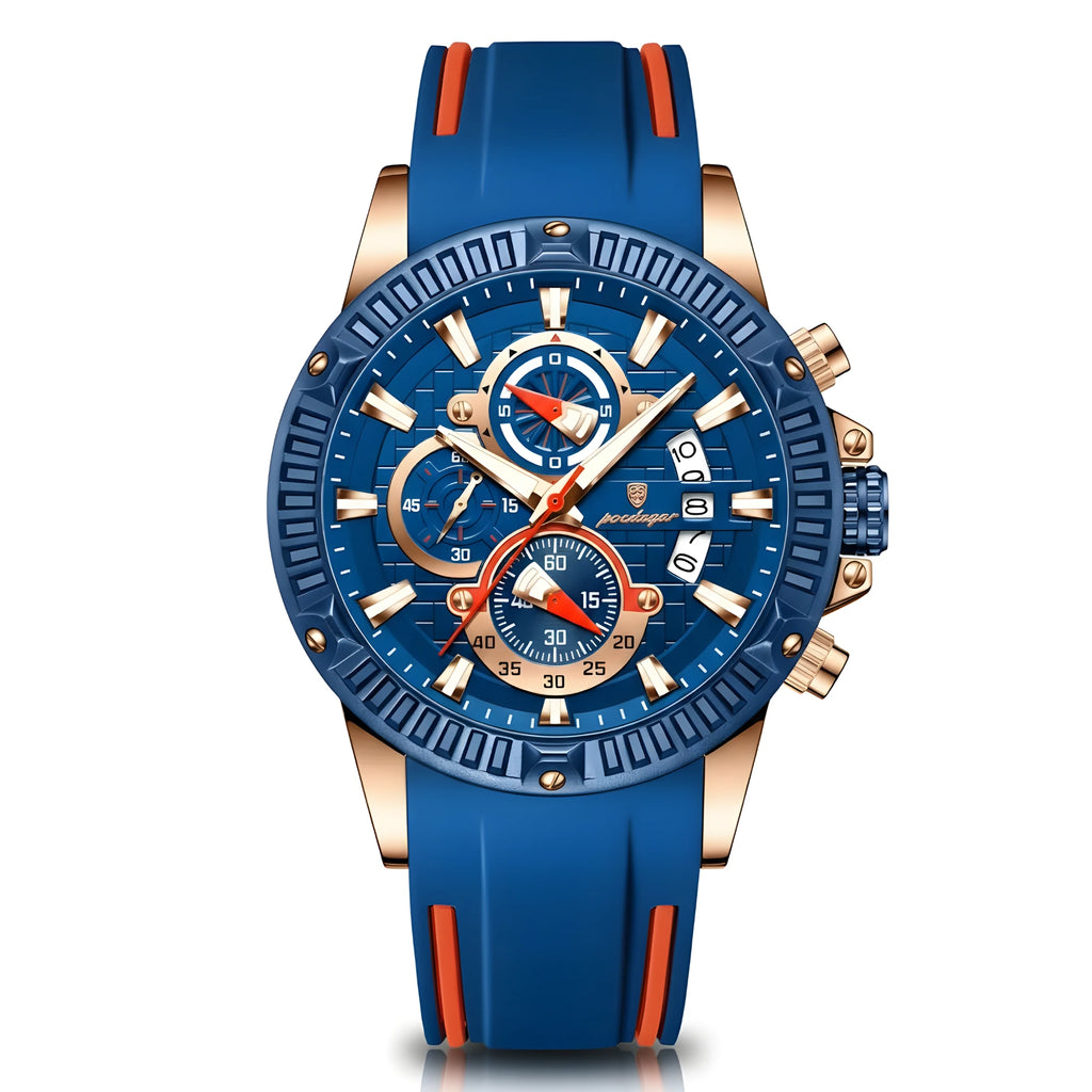 Men’s Sports Quartz Watch – Waterproof, Luminous, Chronograph, Date, Silicone Strap