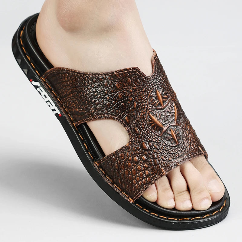 Men’s Genuine Leather Slide Sandals Open-Toe Outdoor Casual Flat Summer Slides