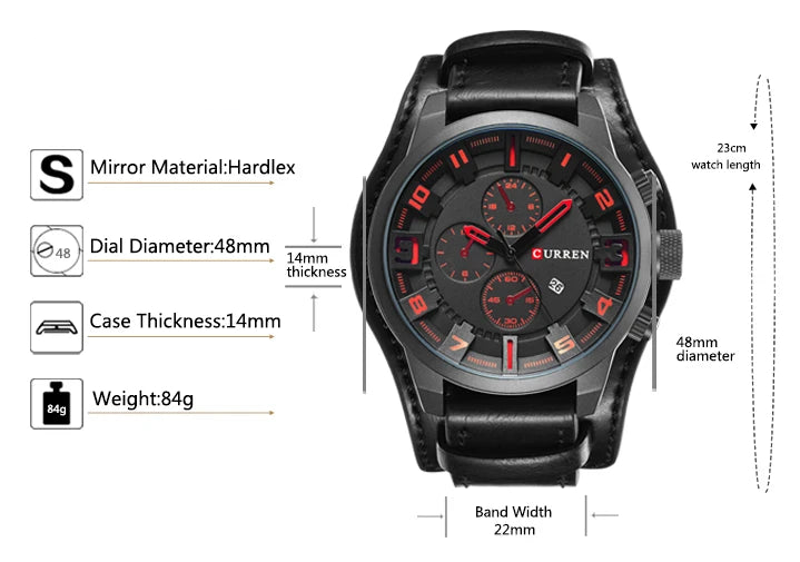 Men’s Luxury Quartz Watch with Leather Strap, Date Display – Sport, Military & Business Style