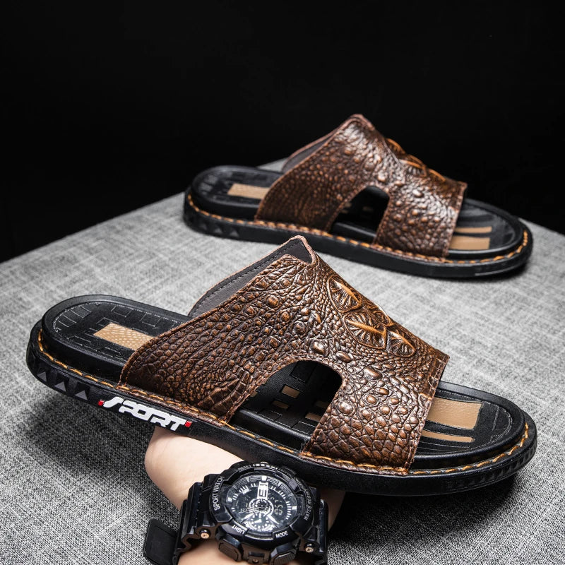 Men’s Genuine Leather Slide Sandals Open-Toe Outdoor Casual Flat Summer Slides