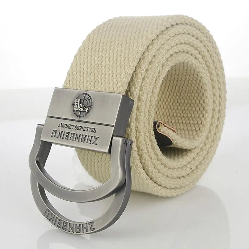 Men & Women Military Canvas Belt – Luxury Double Ring Metal Buckle Tactical Waistband, Jeans & Army Style