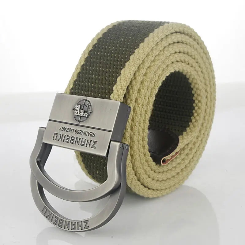 Men & Women Military Canvas Belt – Luxury Double Ring Metal Buckle Tactical Waistband, Jeans & Army Style