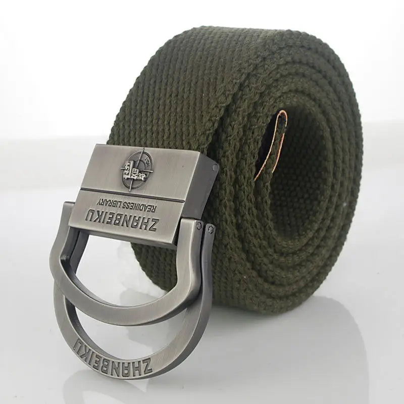 Men & Women Military Canvas Belt – Luxury Double Ring Metal Buckle Tactical Waistband, Jeans & Army Style