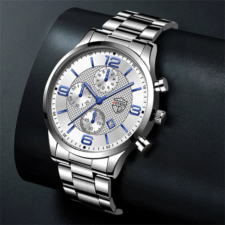 Men’s Luxury Business Quartz Watch with Leather Strap, Stainless Steel Case, Luminous Display & Calendar