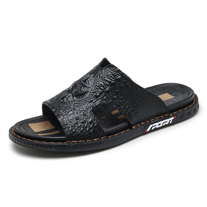 Men’s Genuine Leather Slide Sandals Open-Toe Outdoor Casual Flat Summer Slides