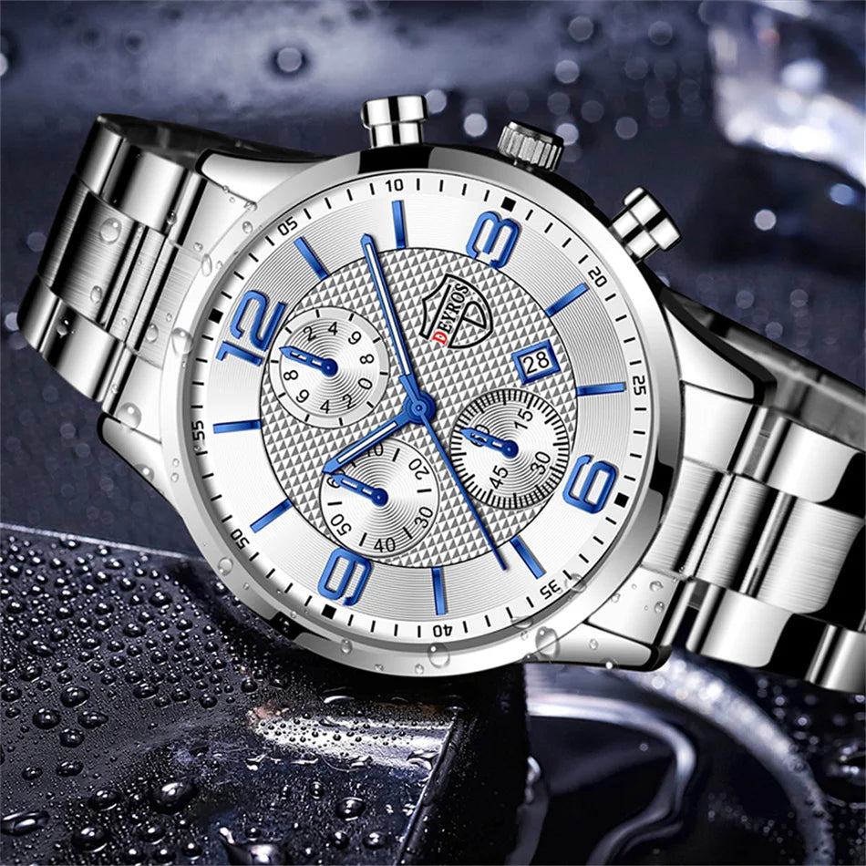 Men’s Luxury Business Quartz Watch with Leather Strap, Stainless Steel Case, Luminous Display & Calendar