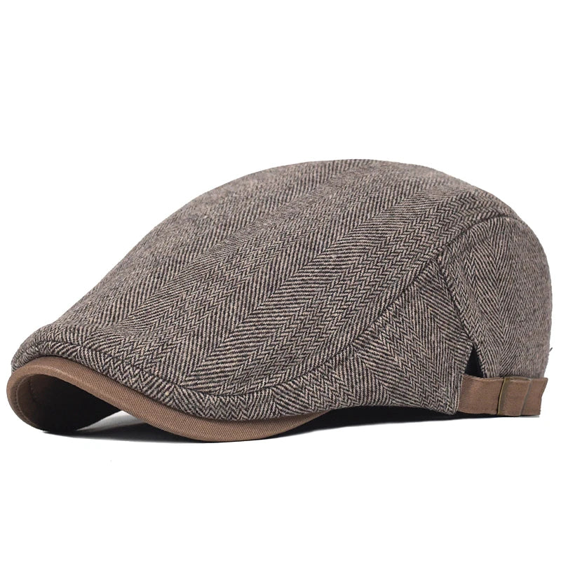 Men’s Winter Beret – Thick Wool Vintage Herringbone Gatsby Style, Adjustable Fit