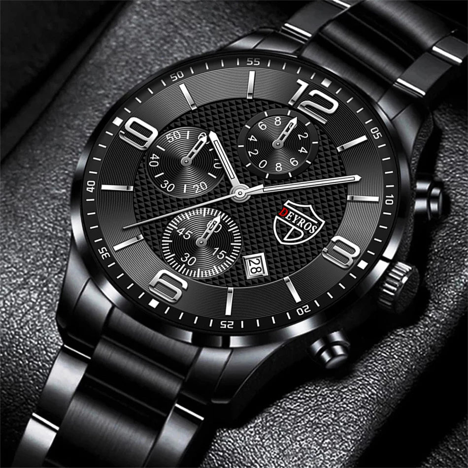 Men’s Luxury Business Quartz Watch with Leather Strap, Stainless Steel Case, Luminous Display & Calendar