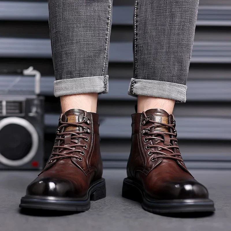 Men’s Mid-Top Leather Boots – Soft, Comfortable, Wear-Resistant, Casual and Work Shoes, Durable Sole