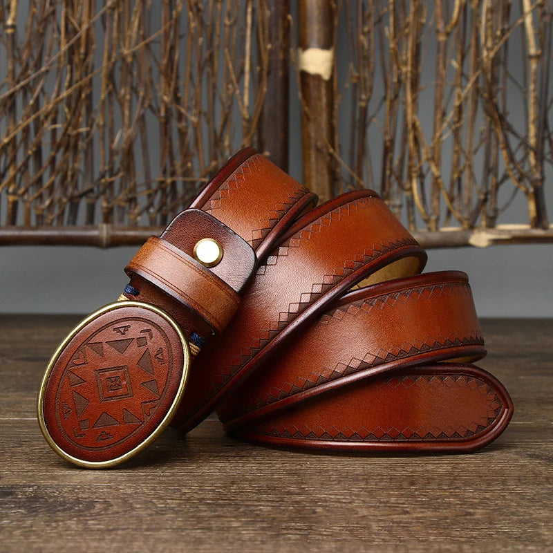 Men’s High-Quality Genuine Leather Belt – Luxury Smooth Buckle, Pure Cowhide with Laser Engraving, Casual Jeans Strap