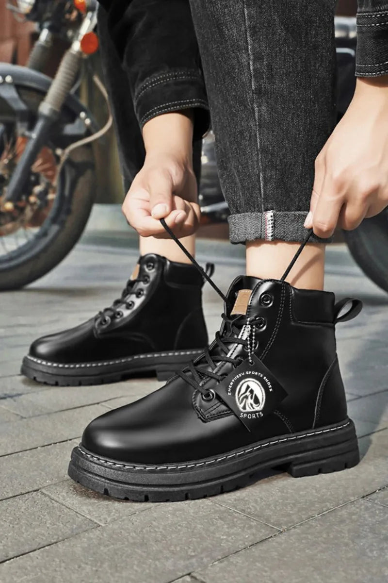 Men’s Leather High-Top Boots – Fashion Motorcycle Ankle Boots, Winter & Spring Casual Lace-Up Footwear