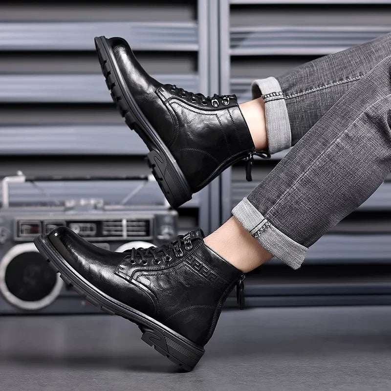 Men’s Mid-Top Leather Boots – Soft, Comfortable, Wear-Resistant, Casual and Work Shoes, Durable Sole