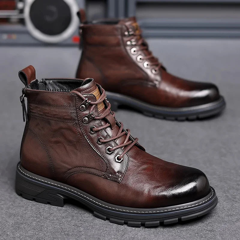 Men’s Mid-Top Leather Boots – Soft, Comfortable, Wear-Resistant, Casual and Work Shoes, Durable Sole