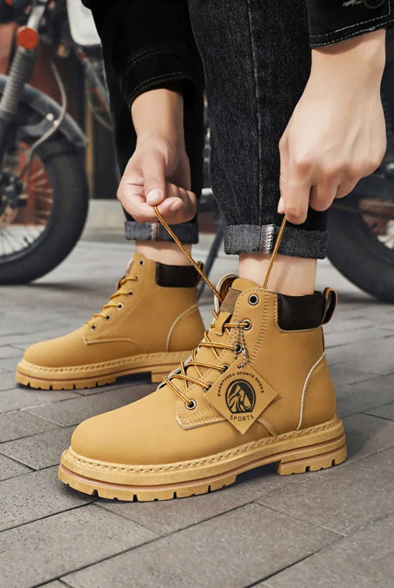 Men’s Leather High-Top Boots – Fashion Motorcycle Ankle Boots, Winter & Spring Casual Lace-Up Footwear