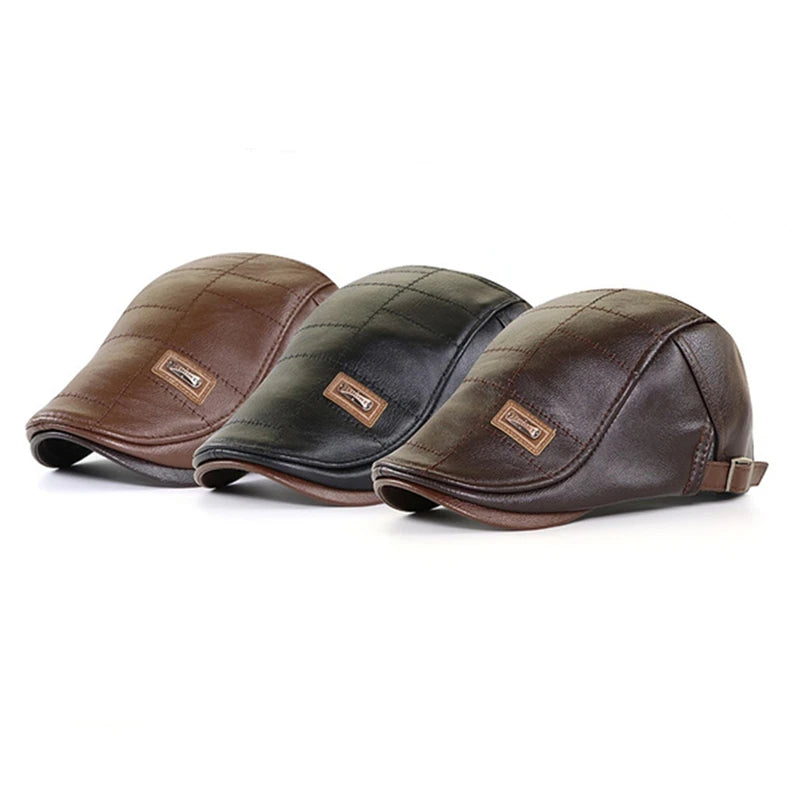 Men’s Genuine Leather Beret – Adjustable Autumn & Winter Warm Retro Fashion Hat