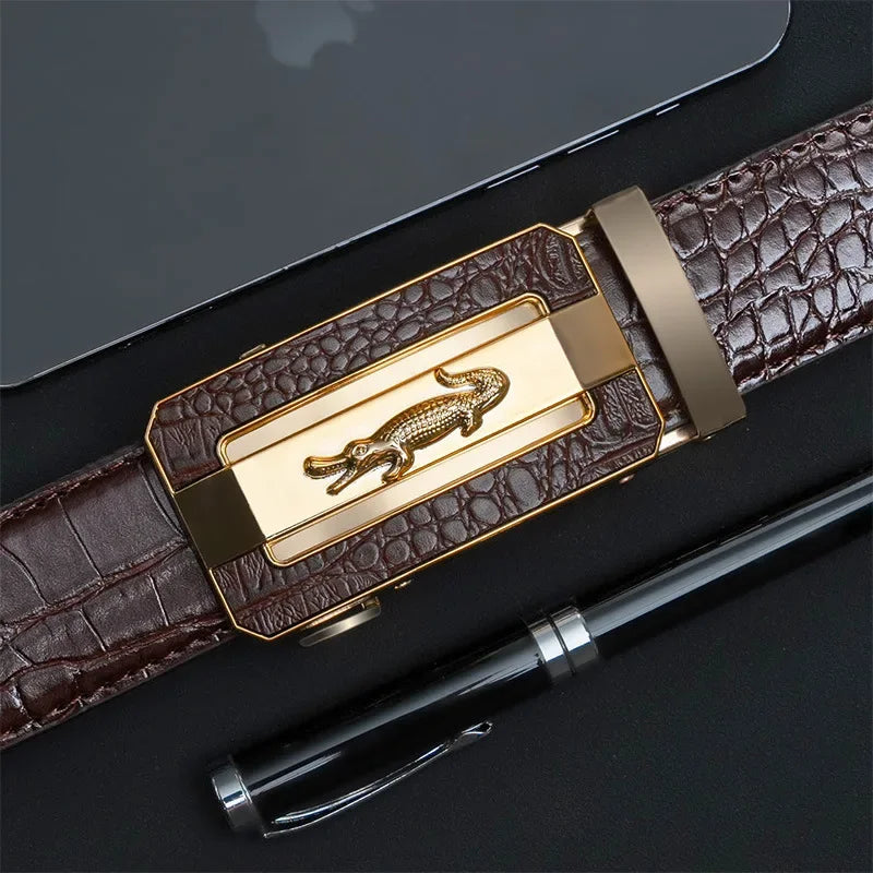 Men’s Leather Belt – Crocodile Pattern with Automatic Buckle, Casual and Business Waist Belt, Durable Stylish Accessory