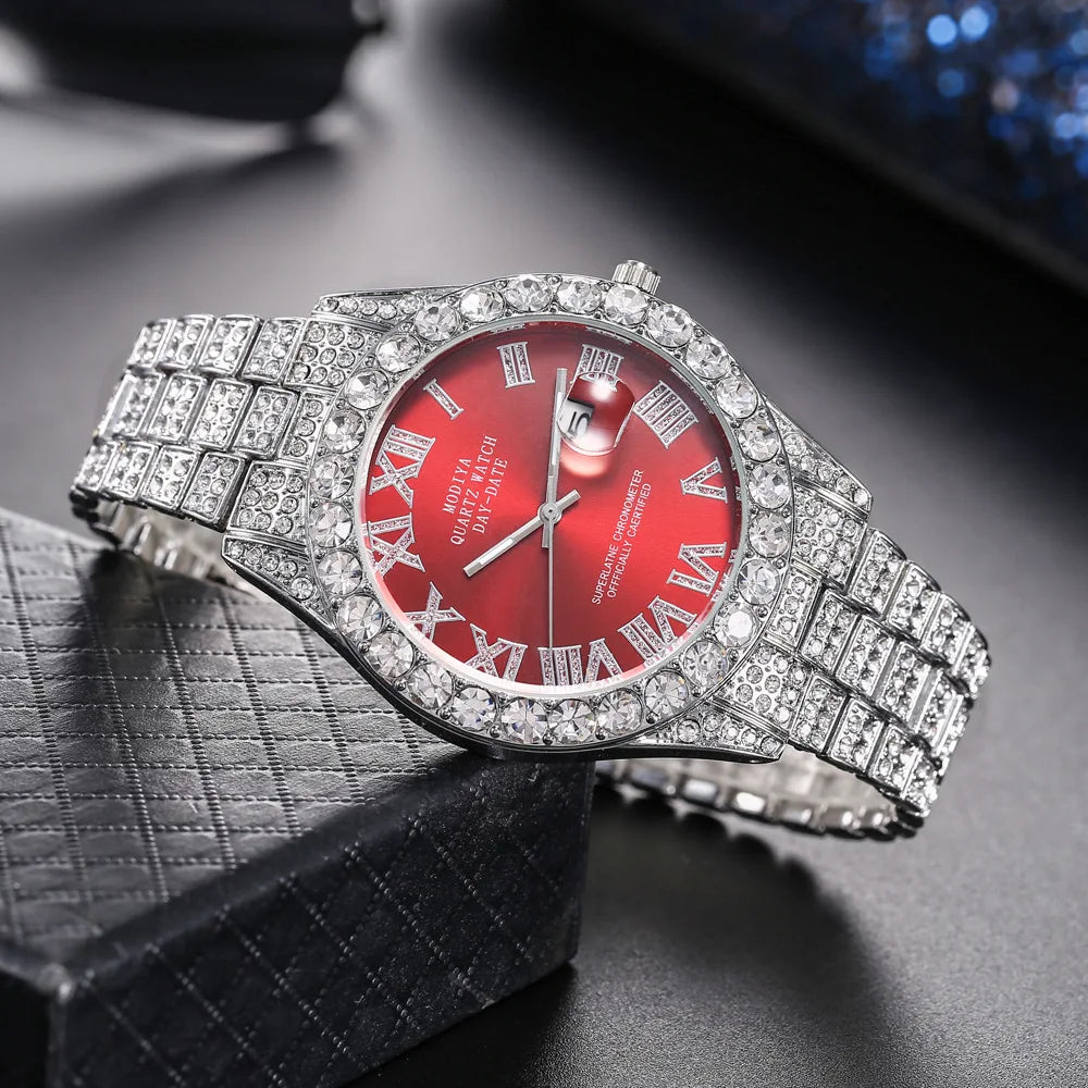 Luxury Classic Men’s Quartz Watch with Gold-Tone Stainless Steel Strap, Roman Numerals, Rhinestone Accents & Calendar Display