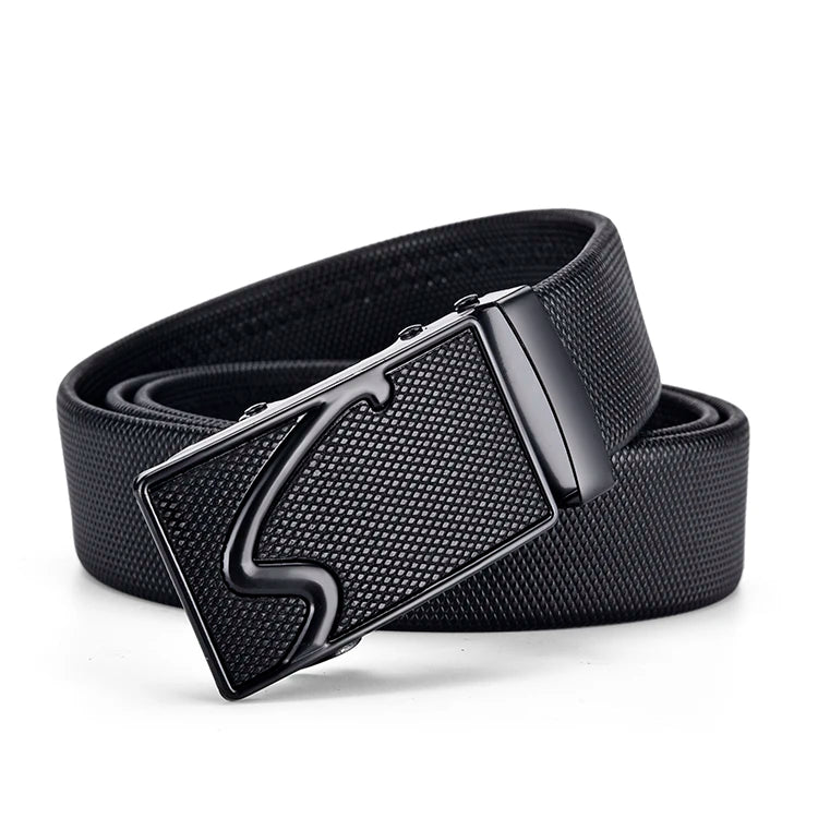 High-Quality Men’s Leather Belt with Metal Automatic Buckle – Work & Business Waistband, Black Cowskin PU Strap