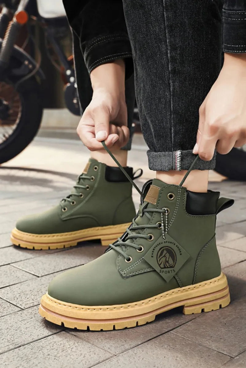 Men’s Leather High-Top Boots – Fashion Motorcycle Ankle Boots, Winter & Spring Casual Lace-Up Footwear