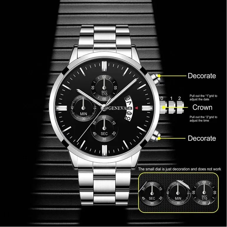 Men’s Luxury Quartz Watch with Calendar, Stainless Steel Bracelet – Fashion Business Wristwatch