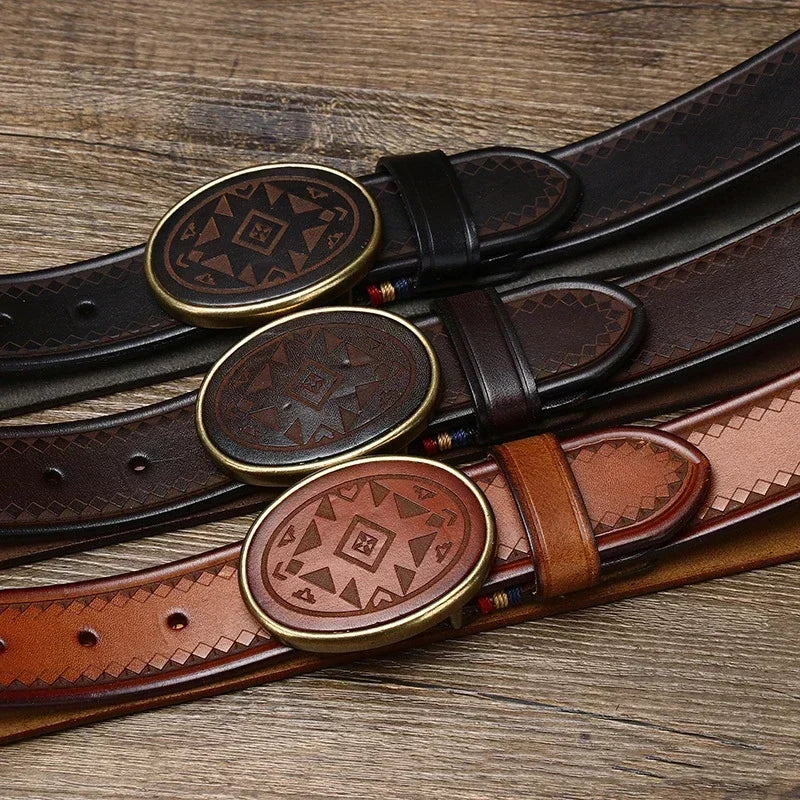 Men’s High-Quality Genuine Leather Belt – Luxury Smooth Buckle, Pure Cowhide with Laser Engraving, Casual Jeans Strap