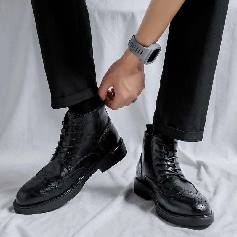 Fashion Vintage British Men’s Ankle Boots – High-Quality Real Leather, Brogue Lace-Up, Autumn/Winter