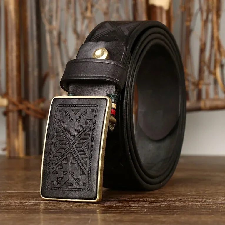 Men’s Genuine Leather Belt – Thick Cowhide with Copper Smooth Buckle, High-Quality Casual Belt for Jeans and Cowboy Style